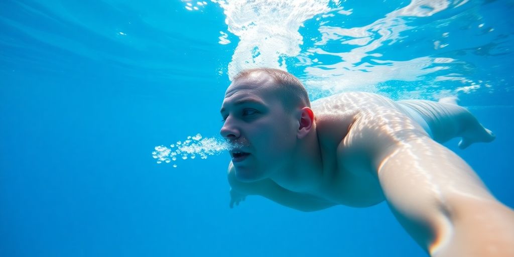Swimmer exhaling bubbles underwater with sunlight