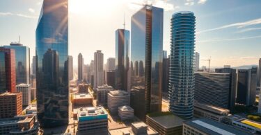 Modern cityscape with a large technology building.