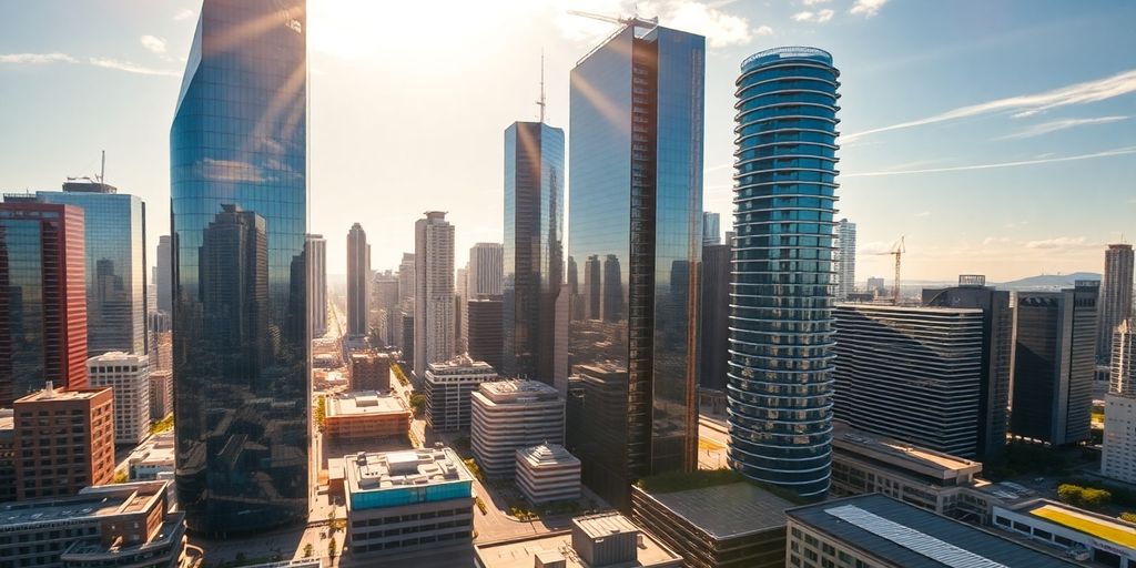 Modern cityscape with a large technology building.