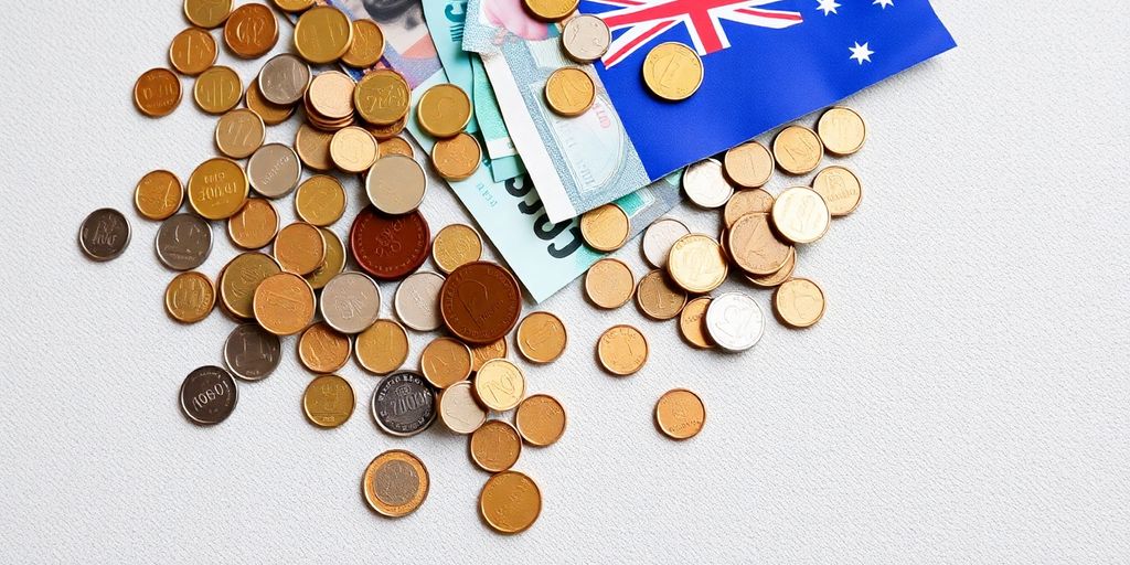 Australian coins and banknotes scattered on a map of Australia.