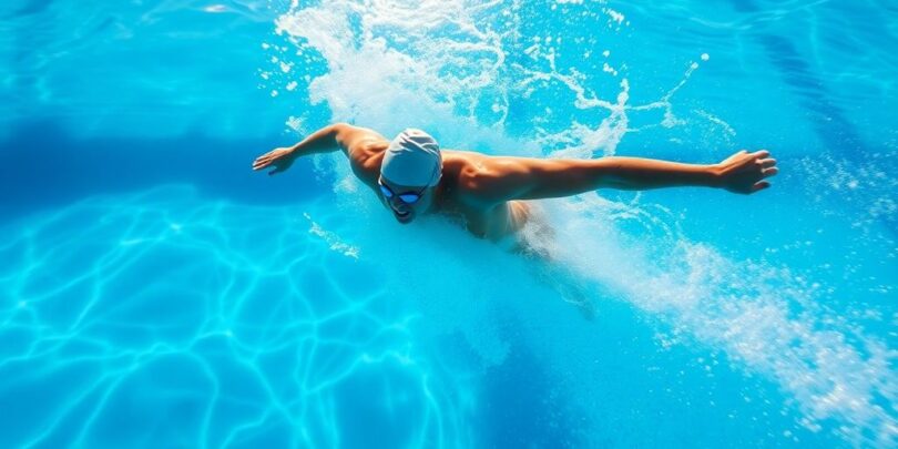 Swimmer powering through clear blue pool water, sun glinting.