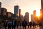 Melbourne skyline at sunset with well-dressed people