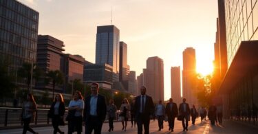 Melbourne skyline at sunset with well-dressed people