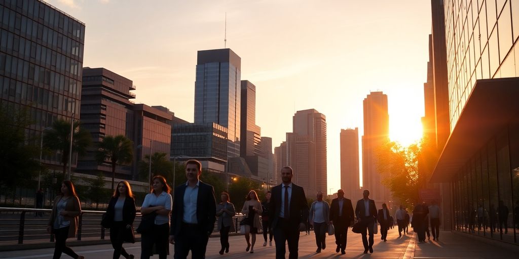 Melbourne skyline at sunset with well-dressed people