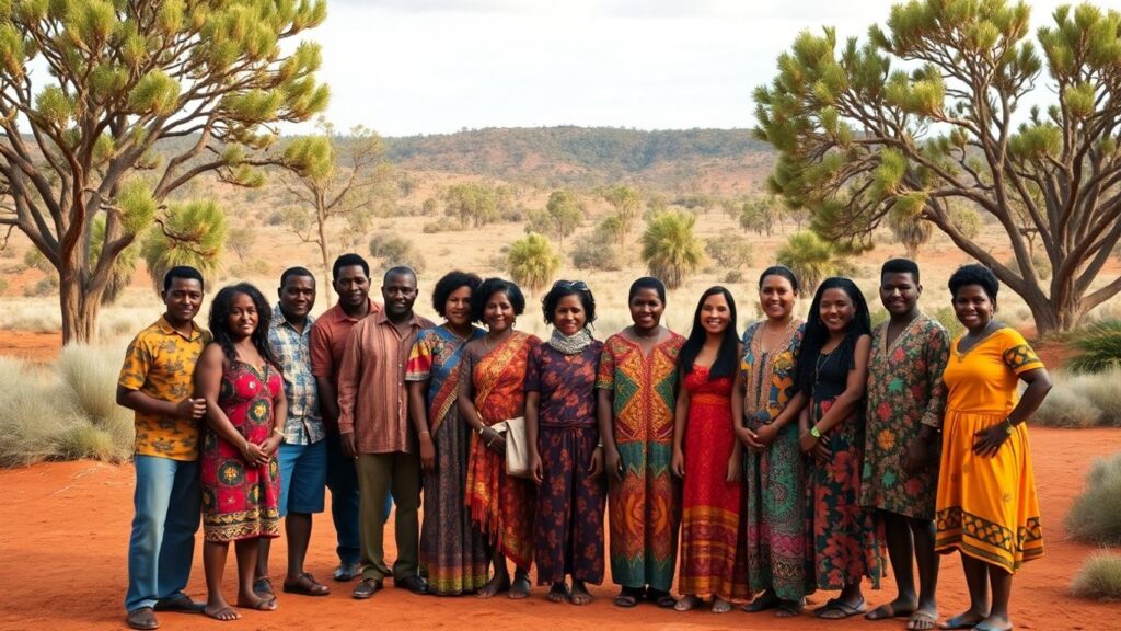 Aboriginal Australians gathered outdoors in native Australian landscape.
