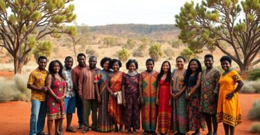 Aboriginal Australians gathered outdoors in native Australian landscape.