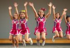 Performers in cheer uniforms jumping energetically.