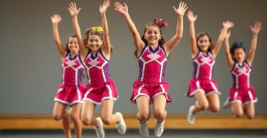 Performers in cheer uniforms jumping energetically.