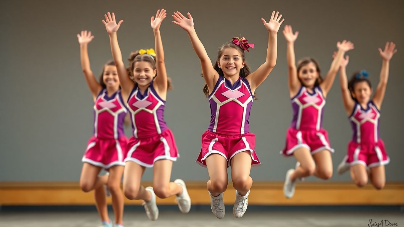 Performers in cheer uniforms jumping energetically.