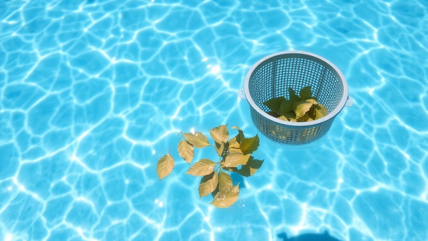 Pool skimmer collecting leaves in a sparkling Aussie pool.