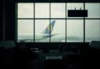 Empty airport terminal with luggage, blurred airplane wing.