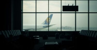 Empty airport terminal with luggage, blurred airplane wing.