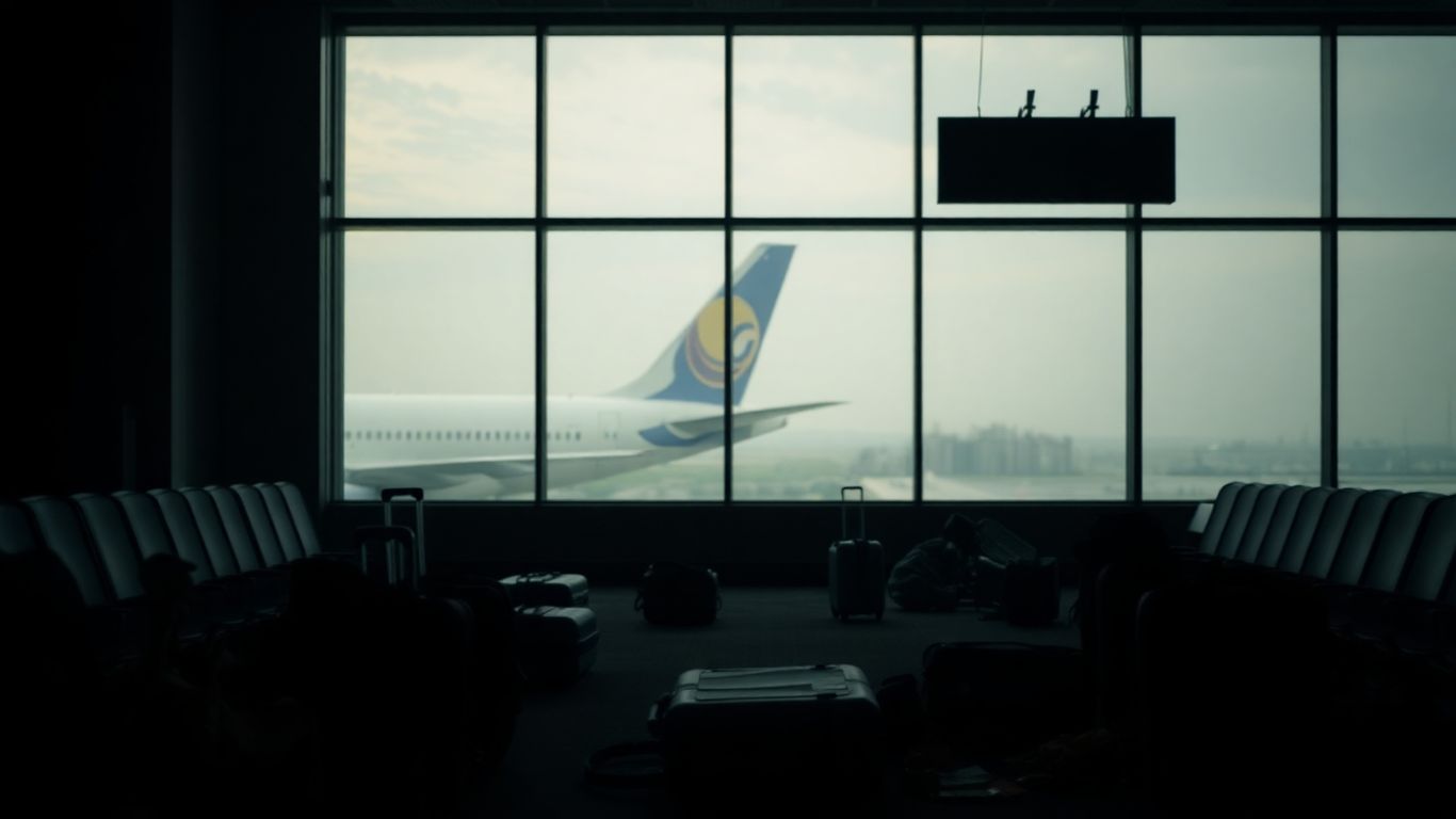 Empty airport terminal with luggage, blurred airplane wing.