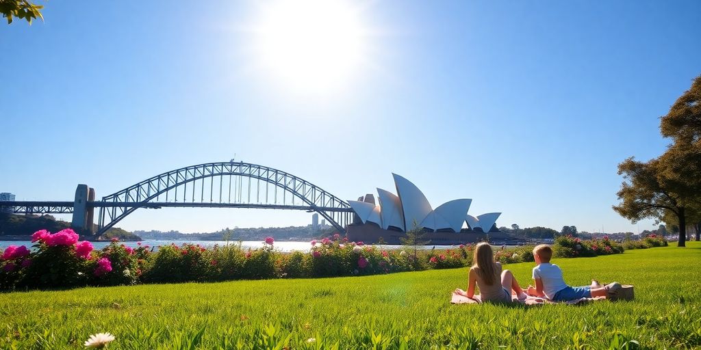 Sydney Harbour bridge and Opera House with family picnic.