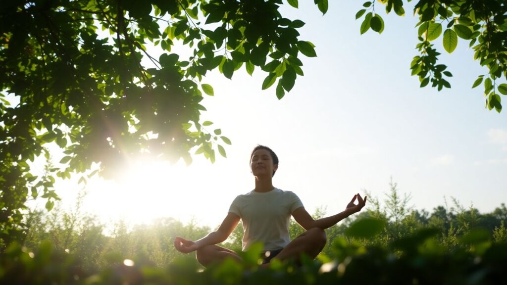 Person meditating in a peaceful green Melbourne garden.
