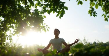 Person meditating in a peaceful green Melbourne garden.
