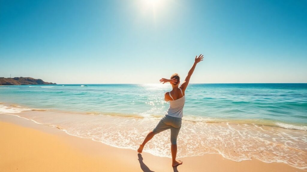 Person enjoying Australian beach, promoting health and wellness.