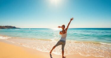 Person enjoying Australian beach, promoting health and wellness.