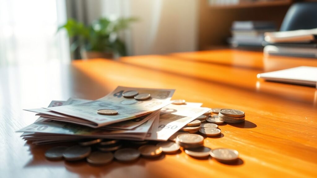 Australian currency scattered on a wooden desk.