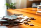 Australian currency scattered on a wooden desk.