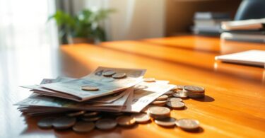Australian currency scattered on a wooden desk.