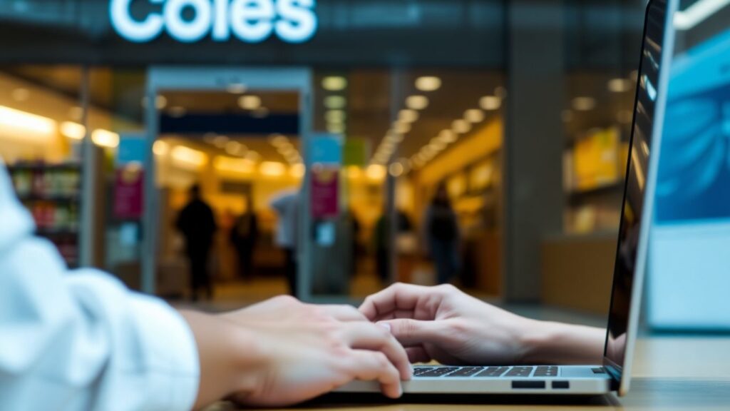 Hands typing on laptop near Coles store
