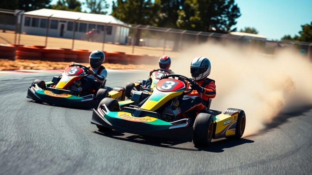 Go karts racing on a sunny outdoor track.