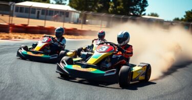 Go karts racing on a sunny outdoor track.