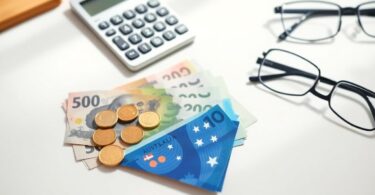 Australian money, calculator and glasses on a desk