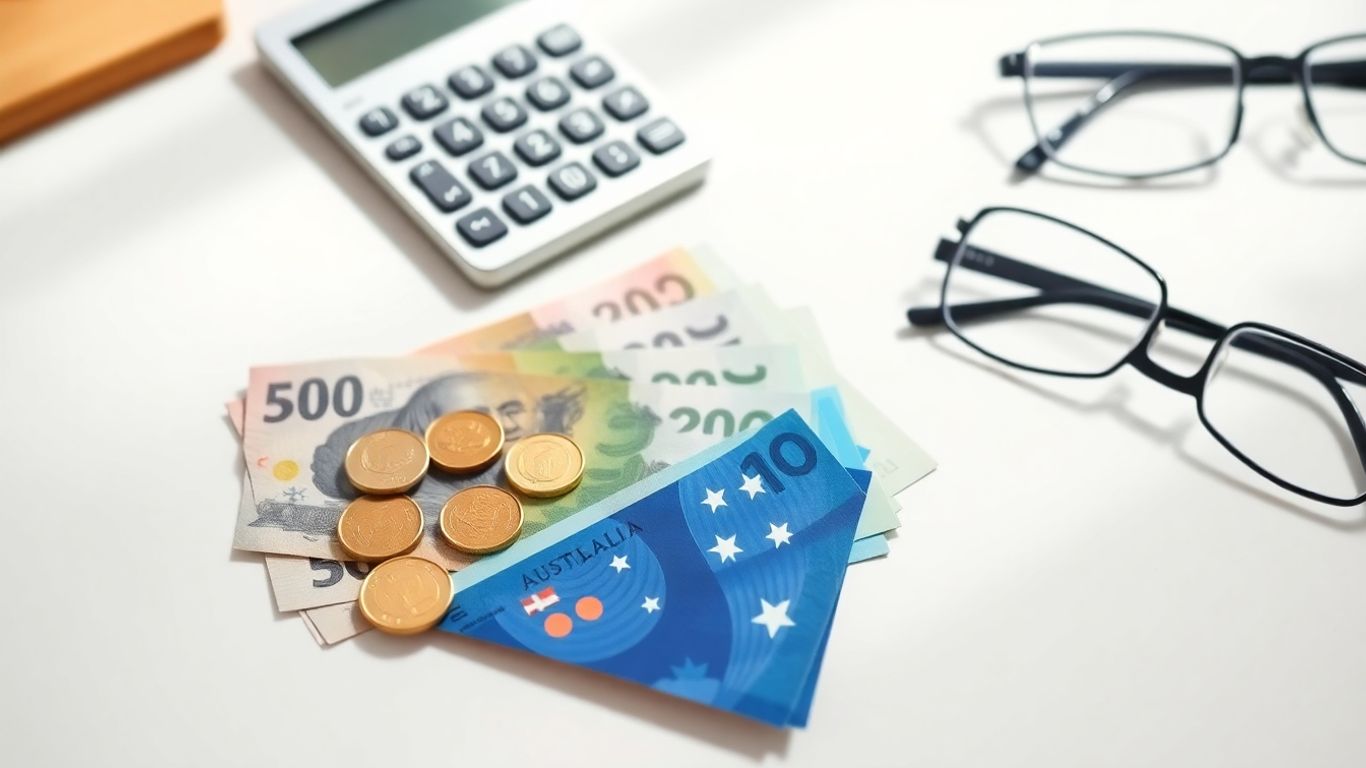 Australian money, calculator and glasses on a desk