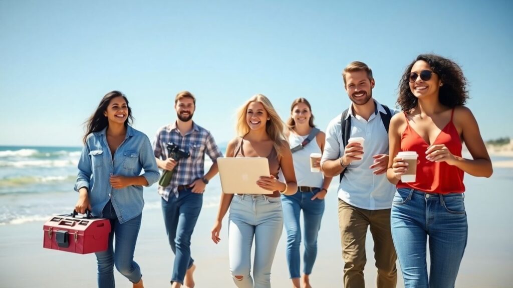People walking on Australian beach, easy jobs.