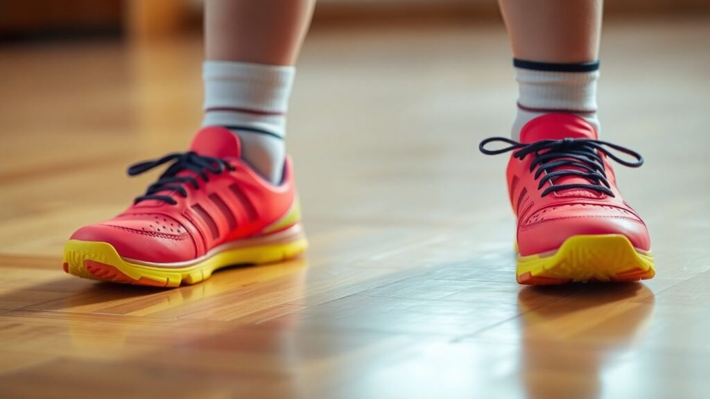 Young Aussie child's indoor soccer shoes on court.