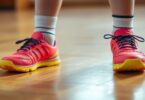 Young Aussie child's indoor soccer shoes on court.