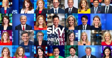 Sky News Australia hosts' portraits in a colorful collage.