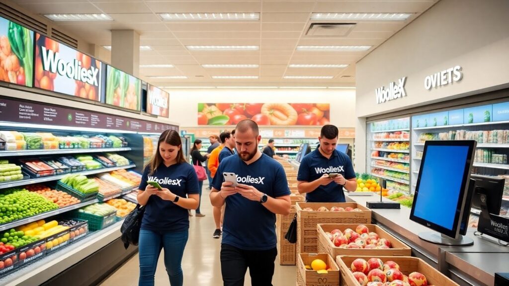 Shoppers using smartphones in WooliesX modern supermarket