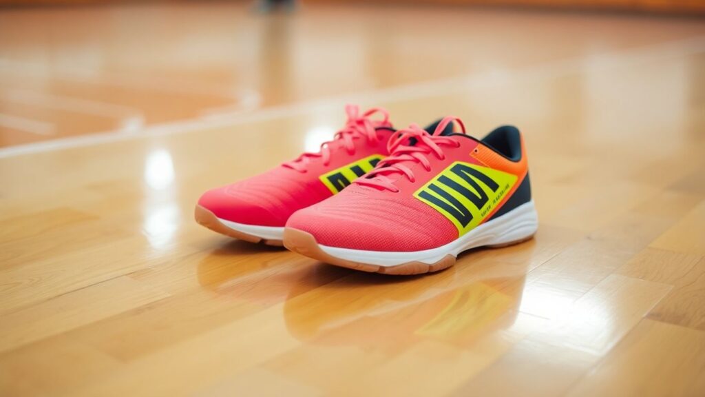 Indoor soccer shoes on polished wooden floor