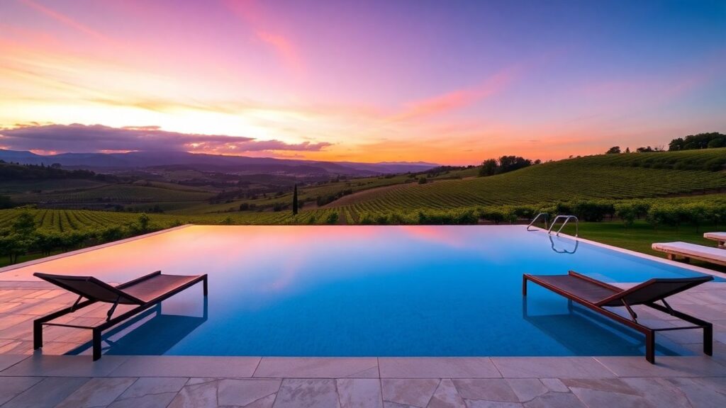 Luxury South Australian vineyard retreat infinity pool at sunset.
