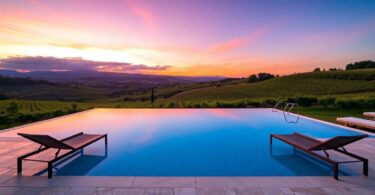 Luxury South Australian vineyard retreat infinity pool at sunset.