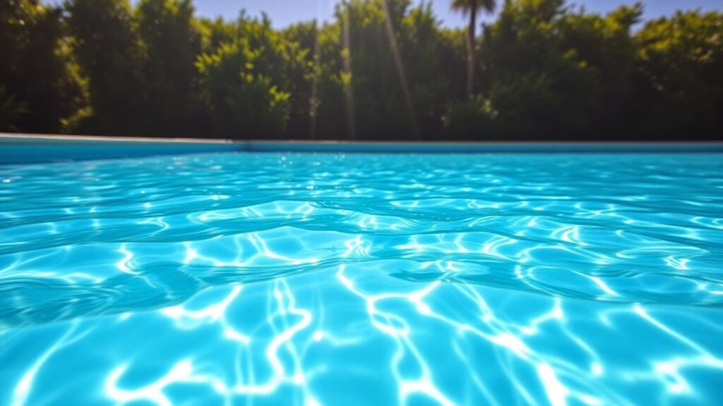 Clear saltwater pool surrounded by green plants.