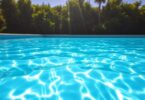 Clear saltwater pool surrounded by green plants.