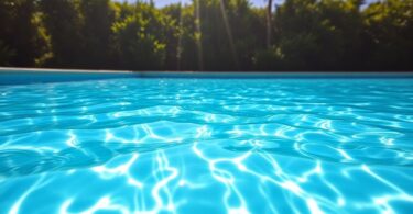 Clear saltwater pool surrounded by green plants.