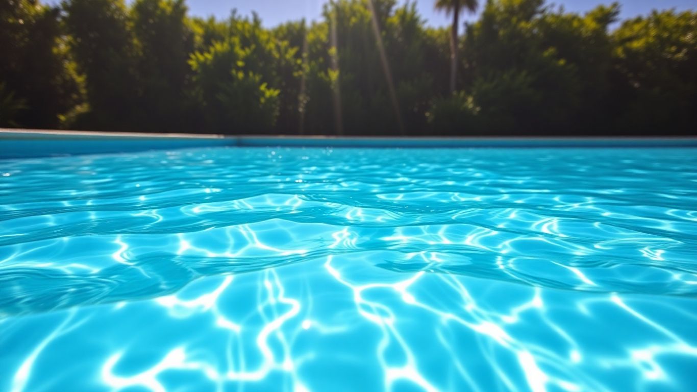 Clear saltwater pool surrounded by green plants.