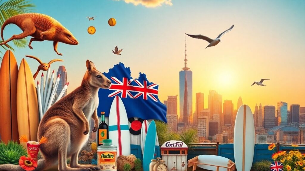 Iconic Australian products and landmarks under golden sunlight.