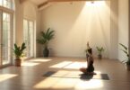 Tranquil yoga studio with plants and natural light.