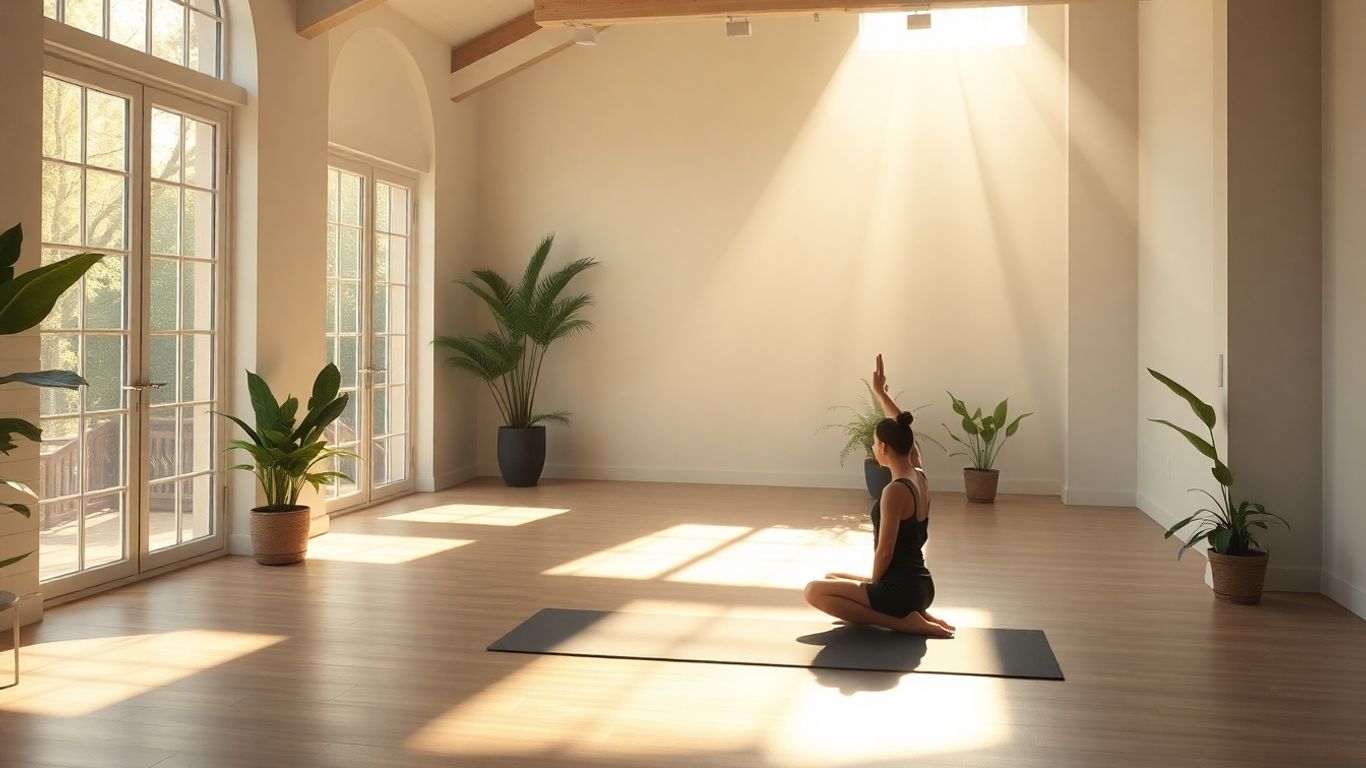 Tranquil yoga studio with plants and natural light.