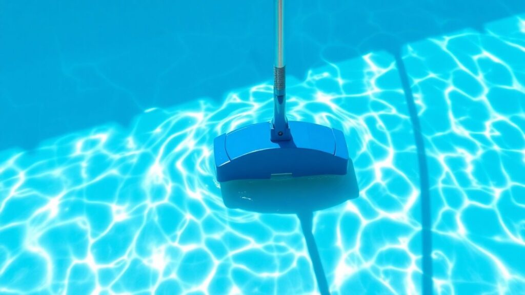 Clean pool with vacuum cleaner underwater.