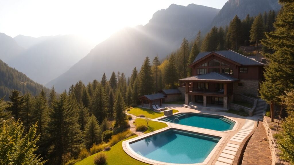 Serene mountain spa retreat with tranquil pool.