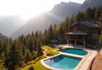 Serene mountain spa retreat with tranquil pool.