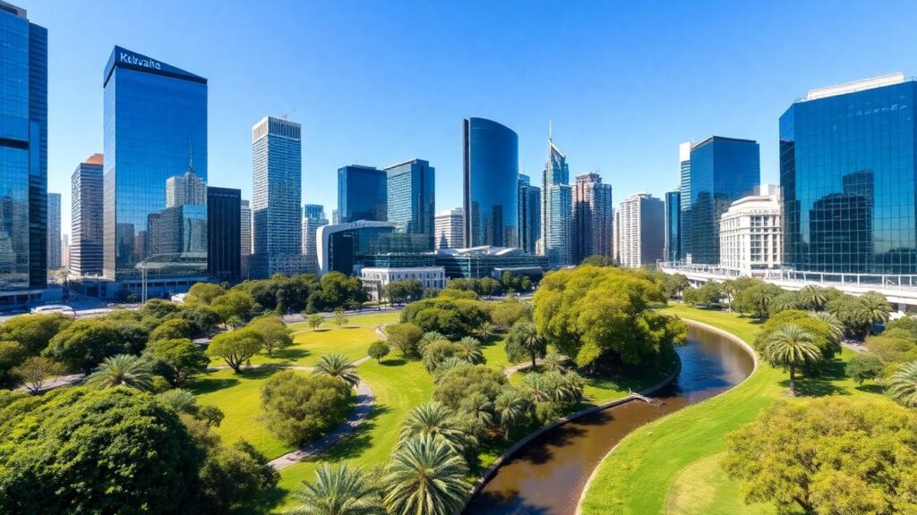 Melbourne cityscape with modern buildings and a river.