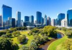 Melbourne cityscape with modern buildings and a river.